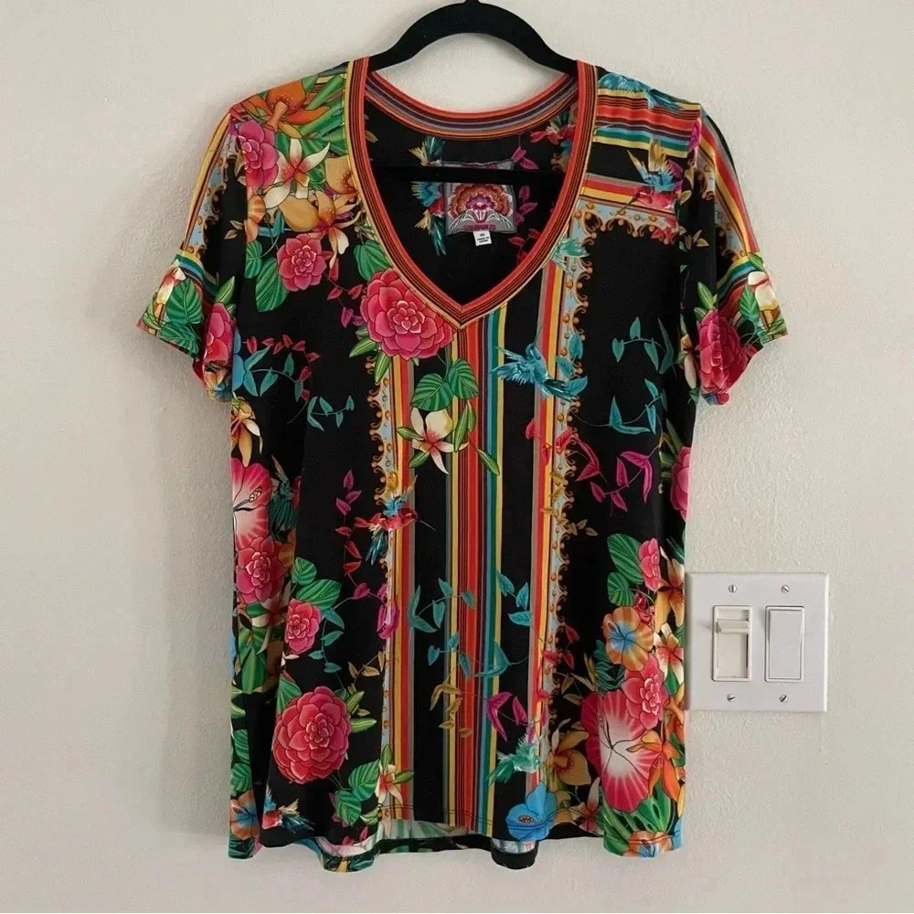 Johnny Was Andra Hummingbird Multicolor V Neck Short Sleeve Women’s XSmall